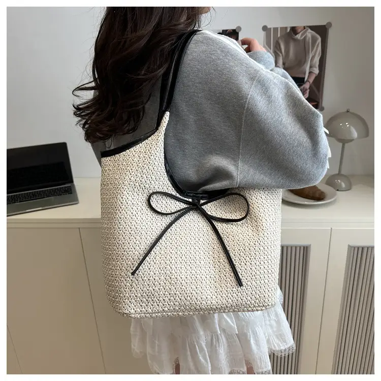 Women's Bow Underarm Bag Straw Color Contrast Large Capacity — feature 16
