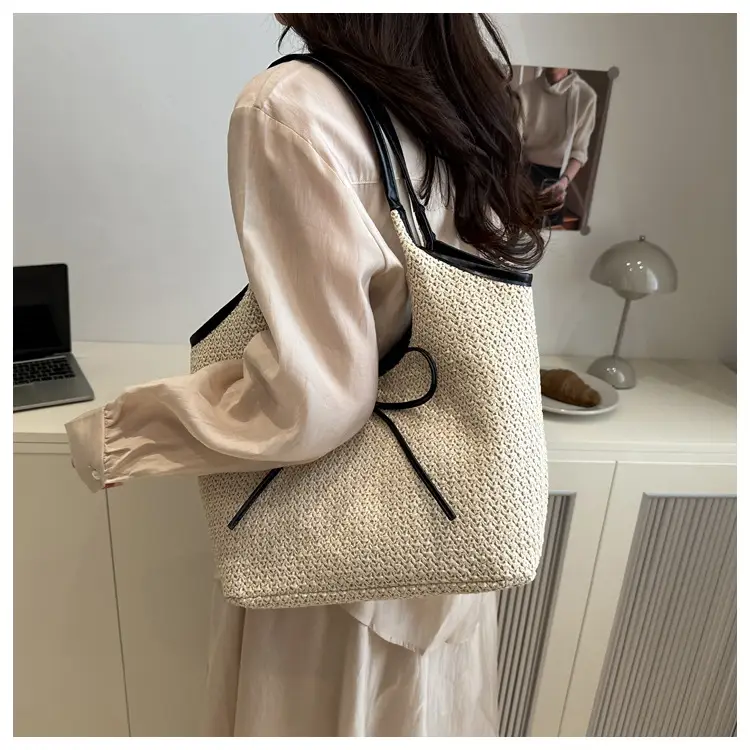 Women's Bow Underarm Bag Straw Color Contrast Large Capacity — feature 17