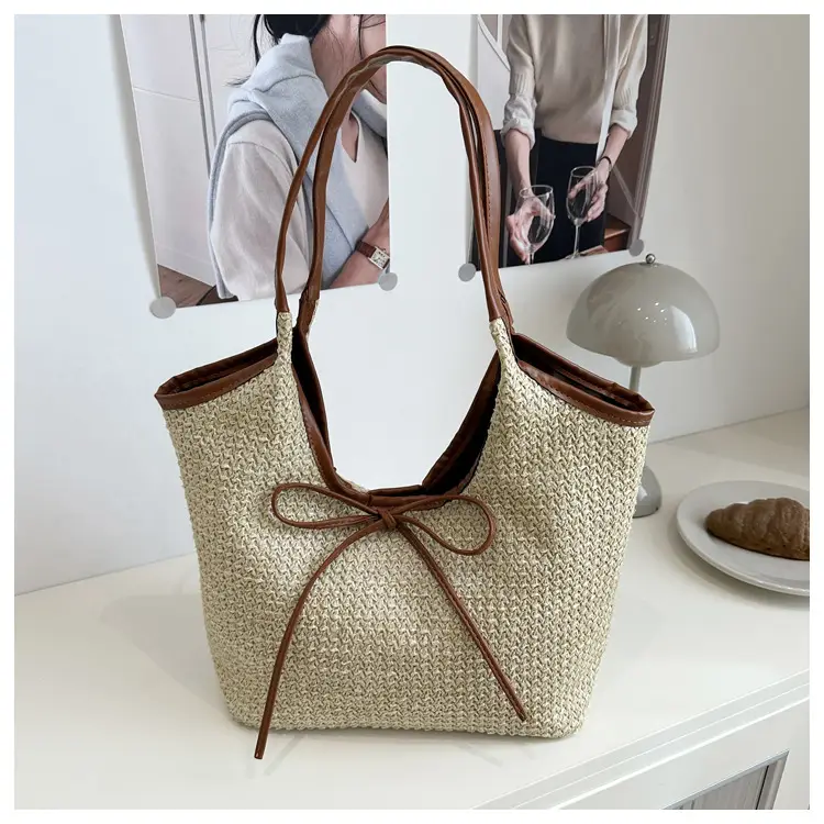 Women's Bow Underarm Bag Straw Color Contrast Large Capacity — feature 18