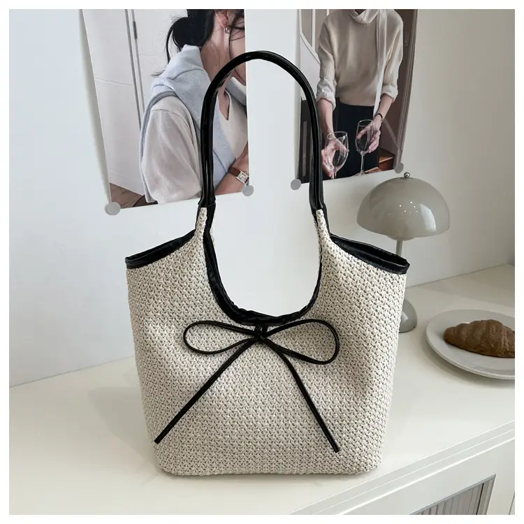 Women's Bow Underarm Bag Straw Color Contrast Large Capacity — feature 19