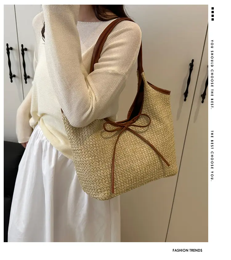 Women's Bow Underarm Bag Straw Color Contrast Large Capacity — feature 2