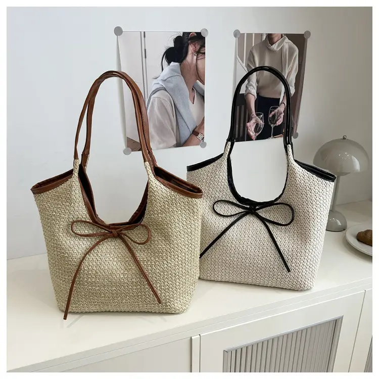 Women's Bow Underarm Bag Straw Color Contrast Large Capacity — feature 20