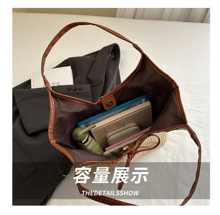 Women's Bow Underarm Bag Straw Color Contrast Large Capacity — feature 8