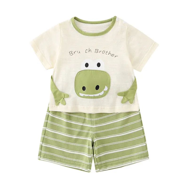 2025 Summer Boys T-Shirt Striped Shorts Suit Green White - Image 6
