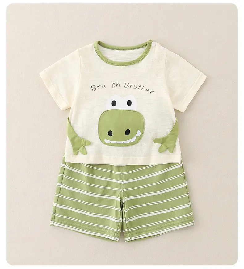 2025 Summer Boys T-Shirt Striped Shorts Suit Green White — feature 10