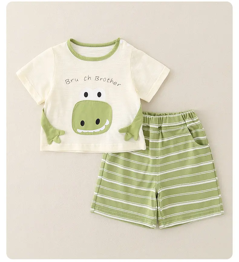 2025 Summer Boys T-Shirt Striped Shorts Suit Green White — feature 9