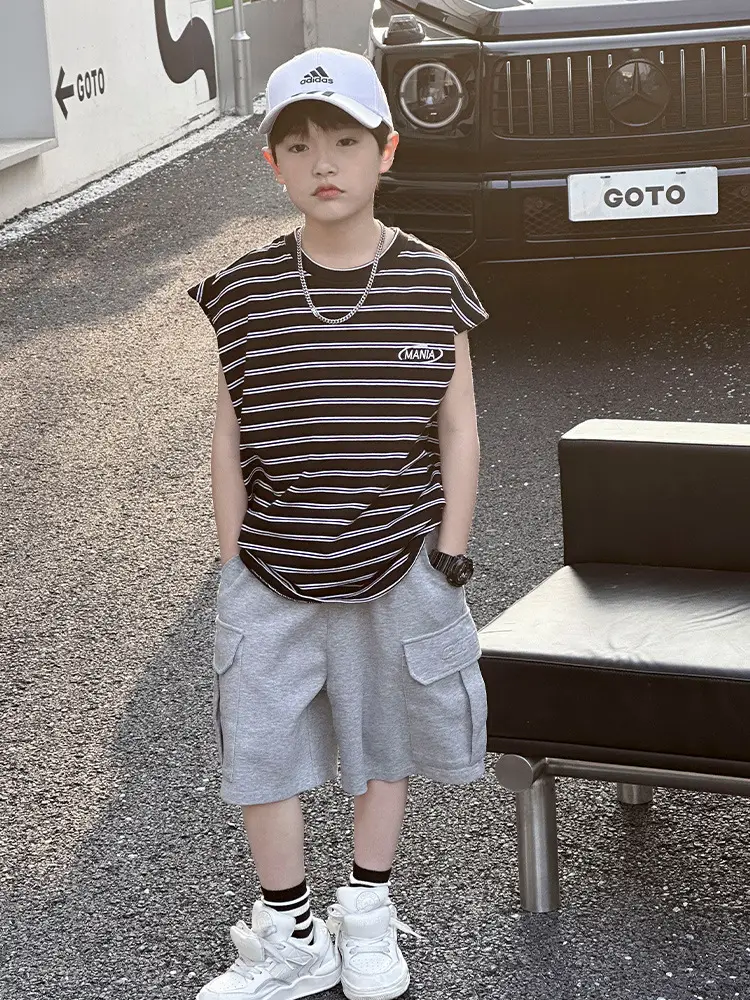 2025 Summer Boys Striped Pure Cotton Vest T-Shirt - Image 3