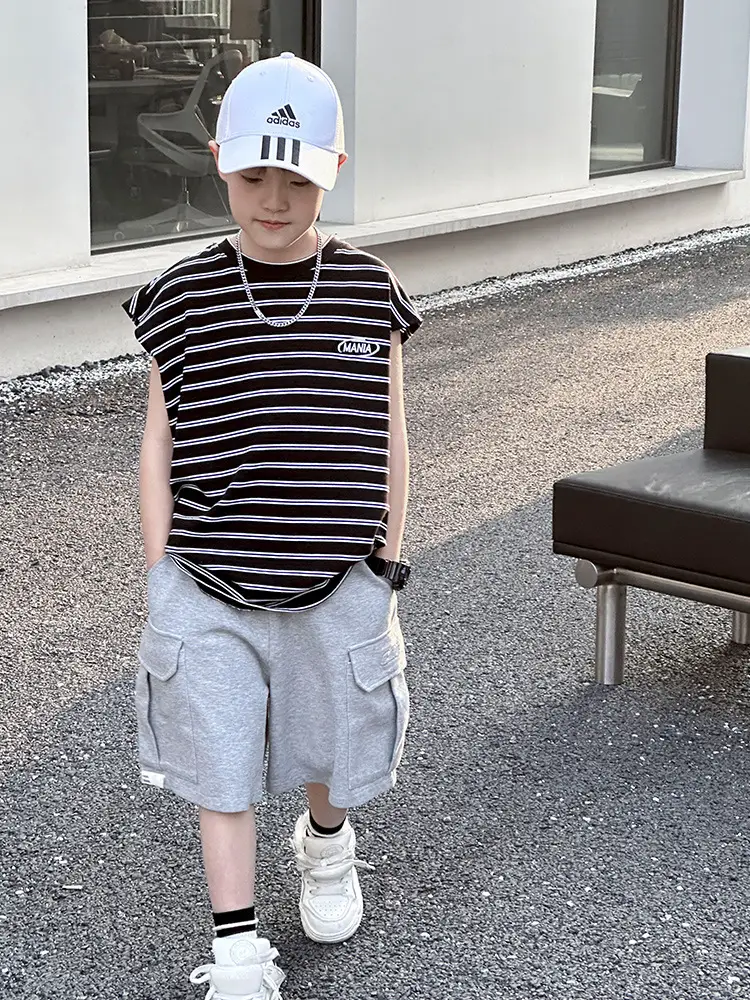 2025 Summer Boys Striped Pure Cotton Vest T-Shirt - Image 5