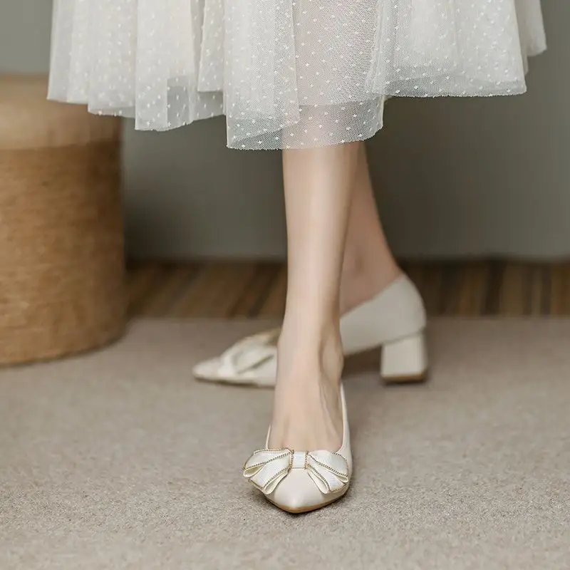 French-Style Chunky High Heels That Are Comfortable for Women, 2026 Spring and Autumn New Style Single Shoes for Women with Bowknot, Pointed Toe, Elegant Low Heels for Mothers