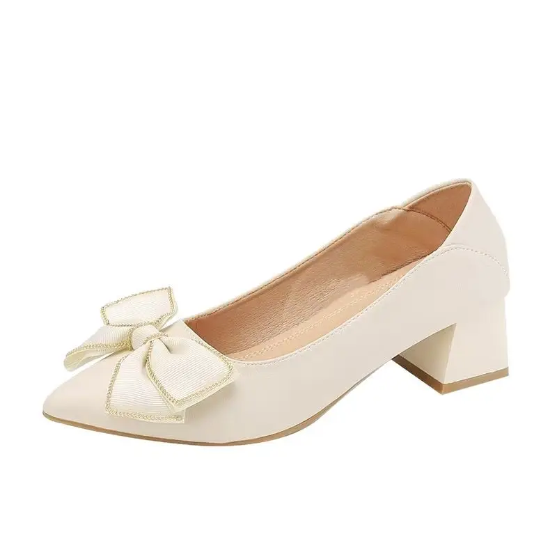 French-Style Chunky High Heels That Are Comfortable for Women, 2026 Spring and Autumn New Style Single Shoes for Women with Bowknot, Pointed Toe, Elegant Low Heels for Mothers