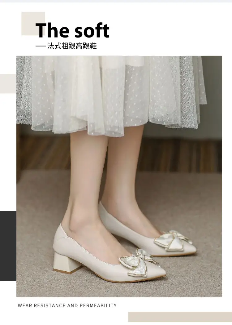French-Style Chunky High Heels That Are Comfortable for Women, 2026 Spring and Autumn New Style Single Shoes for Women with Bowknot, Pointed Toe, Elegant Low Heels for Mothers — feature 2