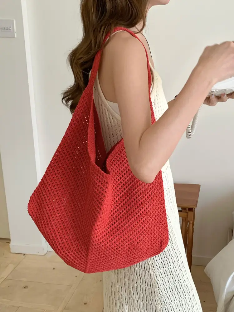 Red Crochet Woven Shoulder Bag for Women - Image 5