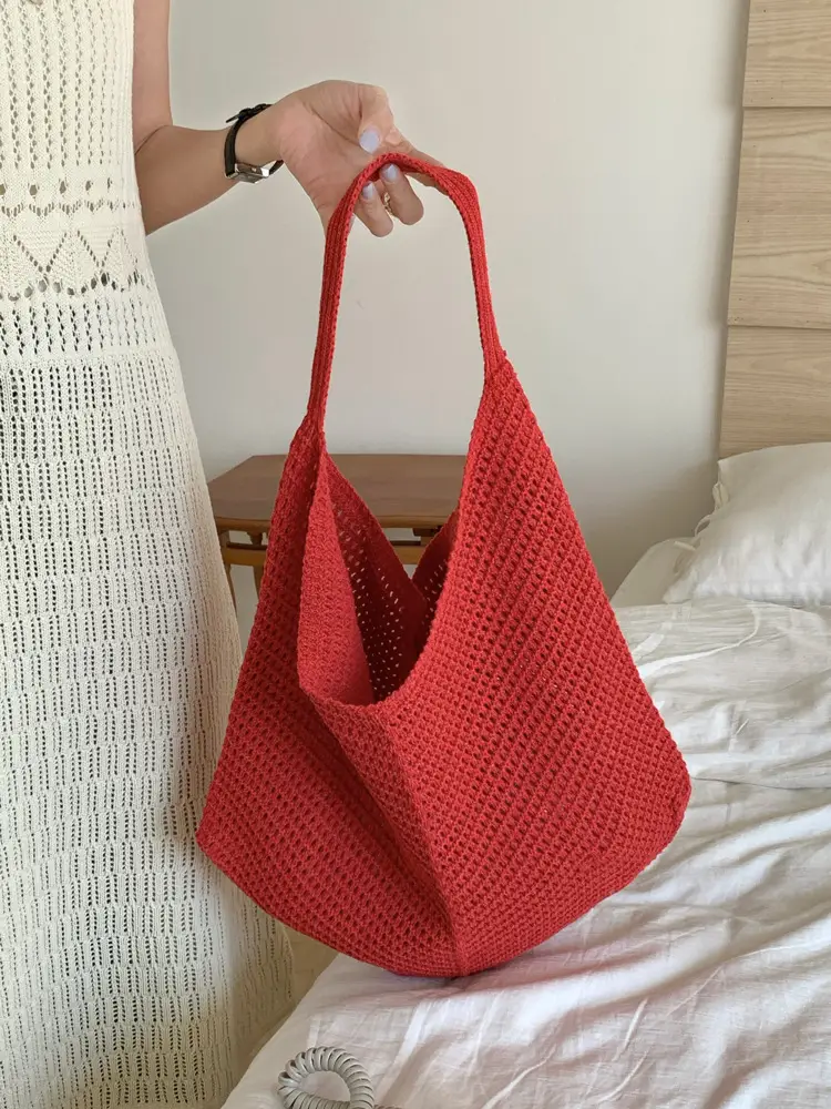 Red Crochet Woven Shoulder Bag for Women - Image 6