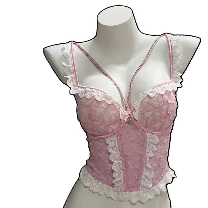 Pink Lace Back Bra for Small Chest Large Gathering