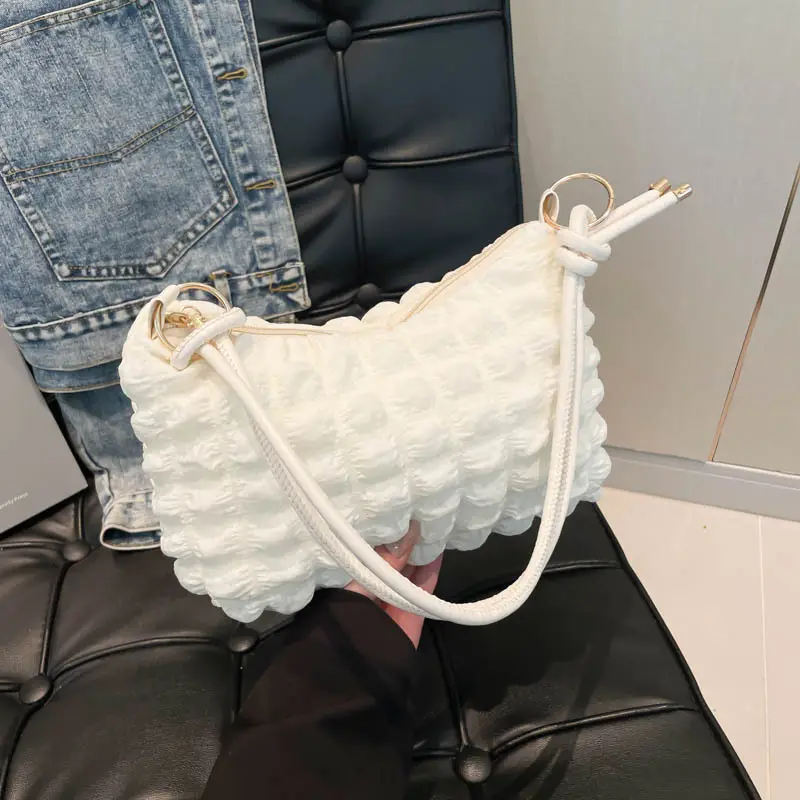 Soft Bubble Bag for Women, White, Pleated, Shoulder Crossbody - Image 8