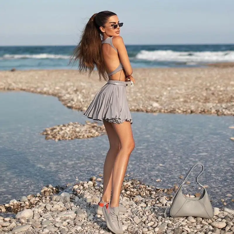 Sexy Backless Vest & High Waist Skirt Suit Grey - Image 5