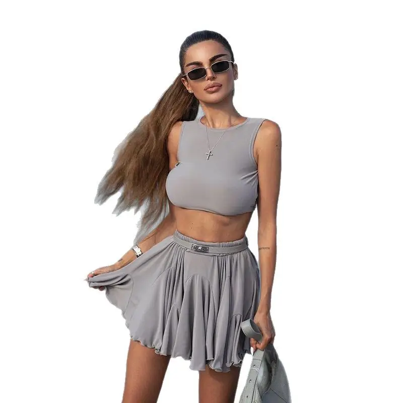 Sexy Backless Vest & High Waist Skirt Suit Grey - Image 7