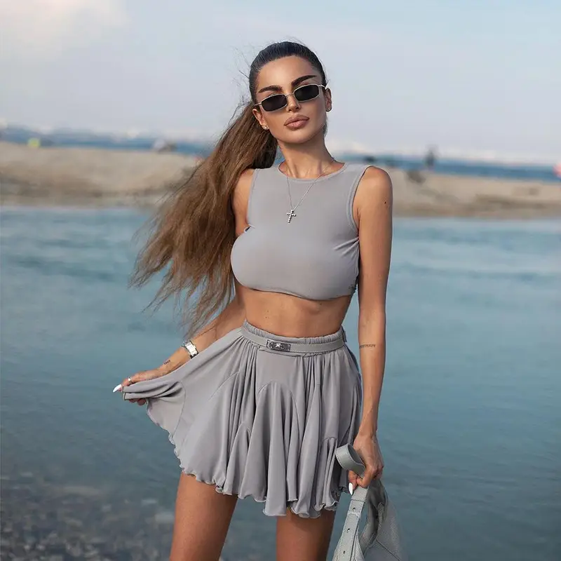 Sexy Backless Vest & High Waist Skirt Suit Grey — feature 39