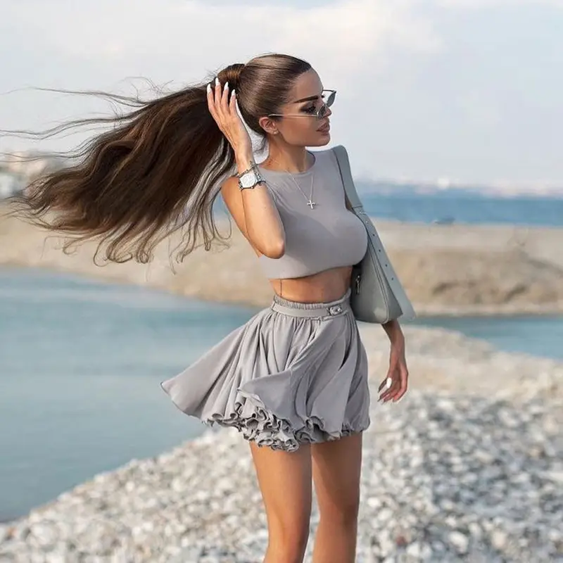 Sexy Backless Vest & High Waist Skirt Suit Grey — feature 42
