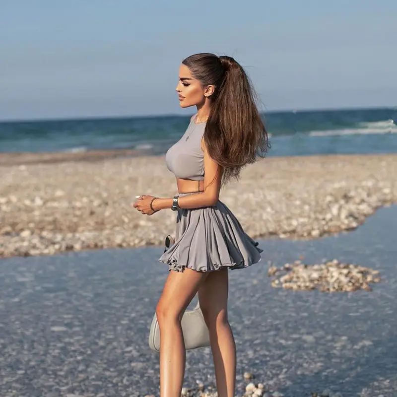 Sexy Backless Vest & High Waist Skirt Suit Grey — feature 49