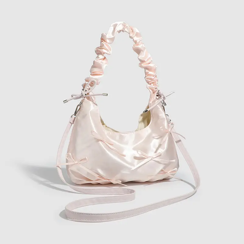 Sweet Pink Pleated Bow Handbag for Women - Image 3