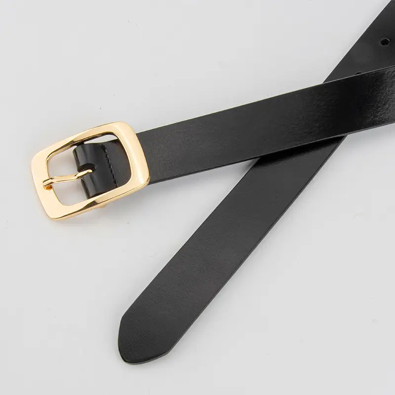 Women's Black Genuine Leather Belt with Gold Buckle - Image 3