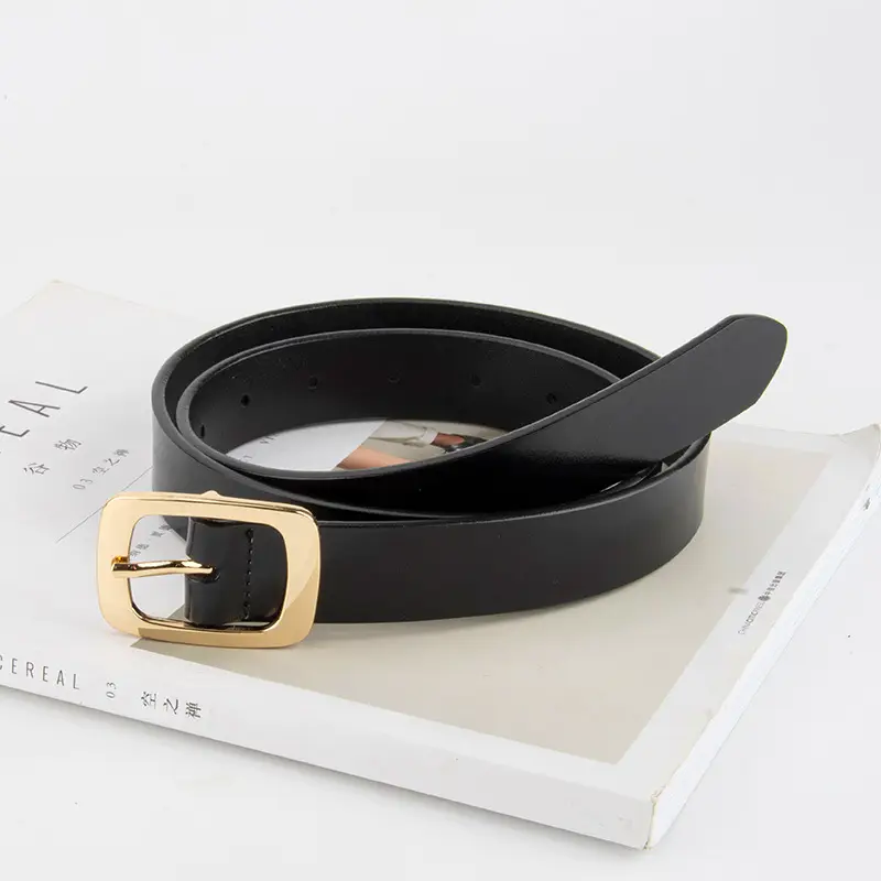 Women's Black Genuine Leather Belt with Gold Buckle - Image 4