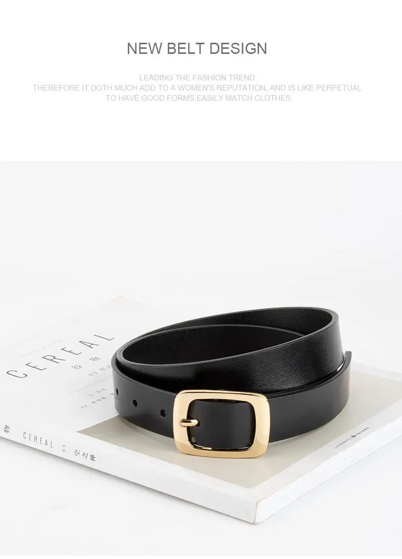 Women's Black Genuine Leather Belt with Gold Buckle — feature 10