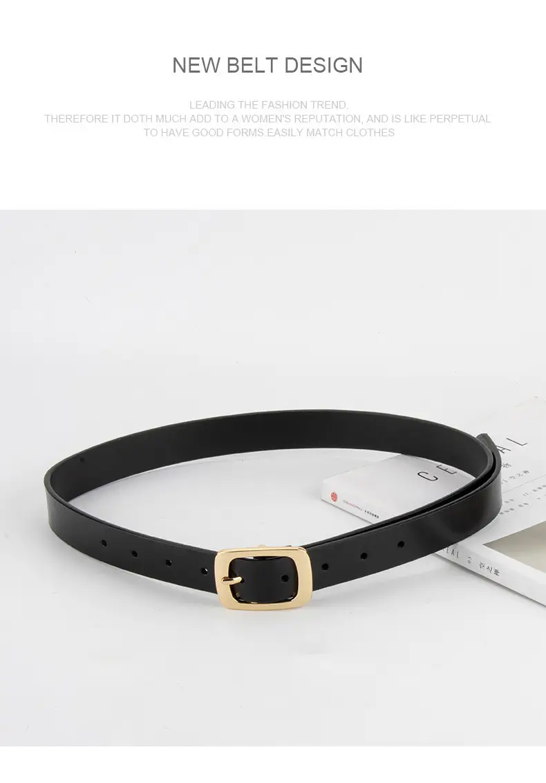 Women's Black Genuine Leather Belt with Gold Buckle — feature 11