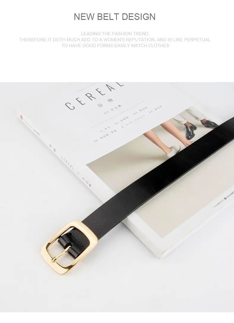 Women's Black Genuine Leather Belt with Gold Buckle — feature 12