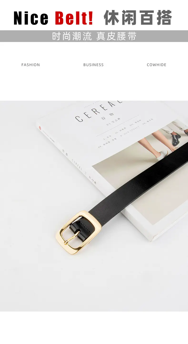 Women's Black Genuine Leather Belt with Gold Buckle — feature 3