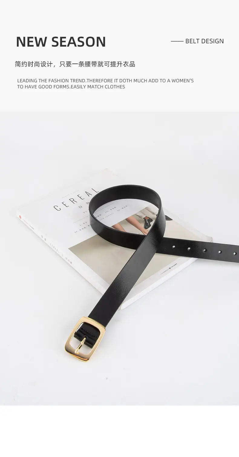 Women's Black Genuine Leather Belt with Gold Buckle — feature 4