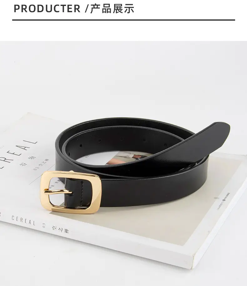 Women's Black Genuine Leather Belt with Gold Buckle — feature 9