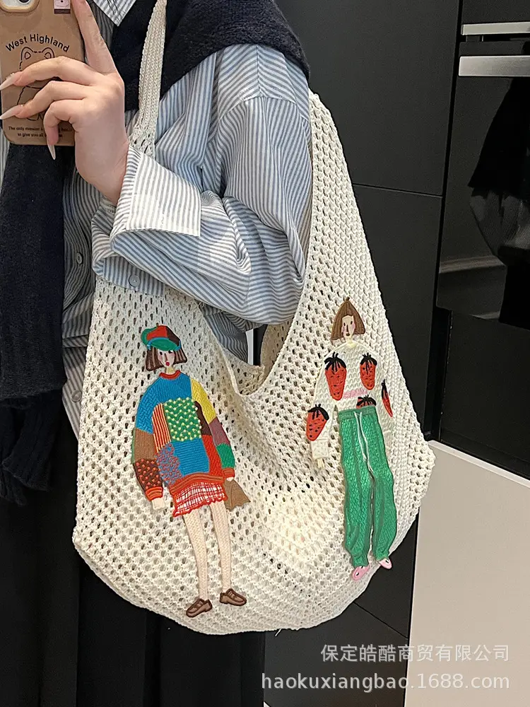 Women's Hollow Woven Straw Bag with Cartoon Design - Image 6