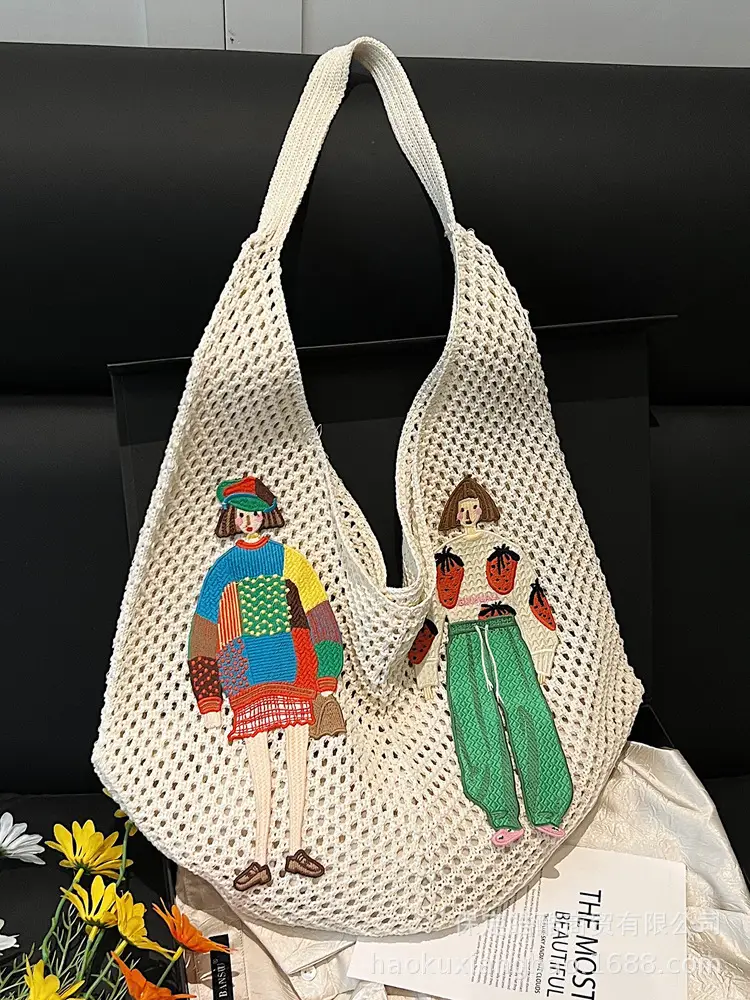 Women's Hollow Woven Straw Bag with Cartoon Design - Image 8