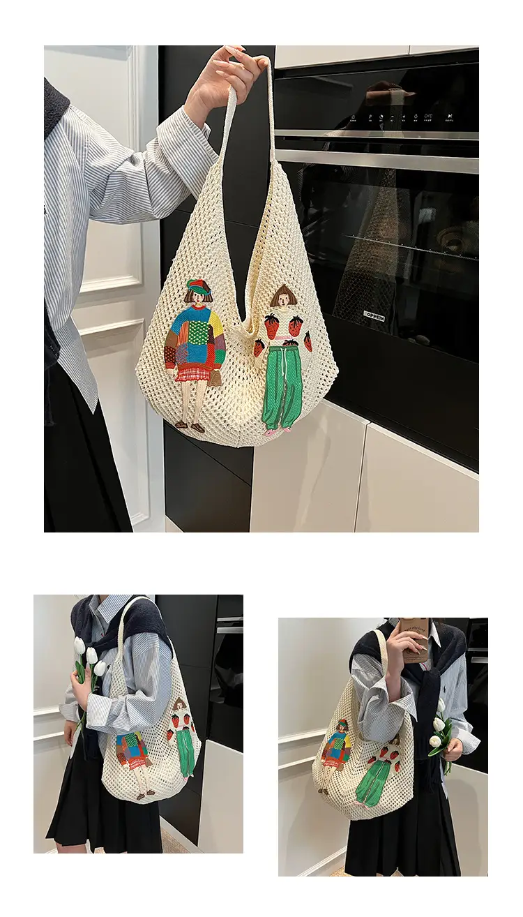 Women's Hollow Woven Straw Bag with Cartoon Design — feature 10