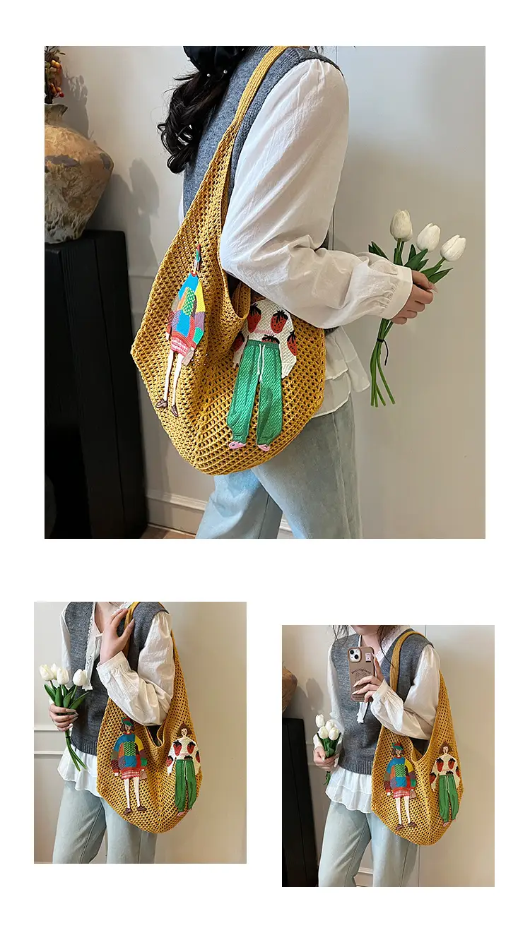 Women's Hollow Woven Straw Bag with Cartoon Design — feature 11