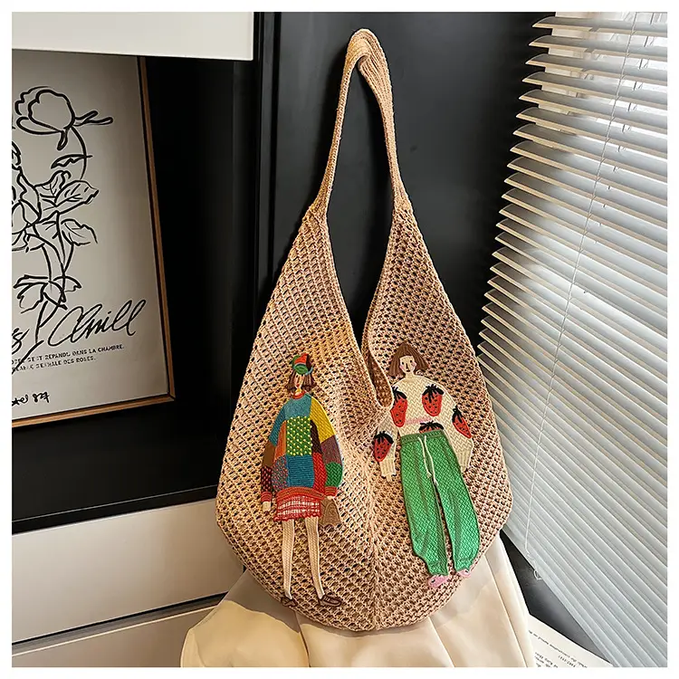 Women's Hollow Woven Straw Bag with Cartoon Design — feature 16