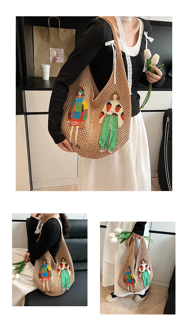 Women's Hollow Woven Straw Bag with Cartoon Design — feature 9