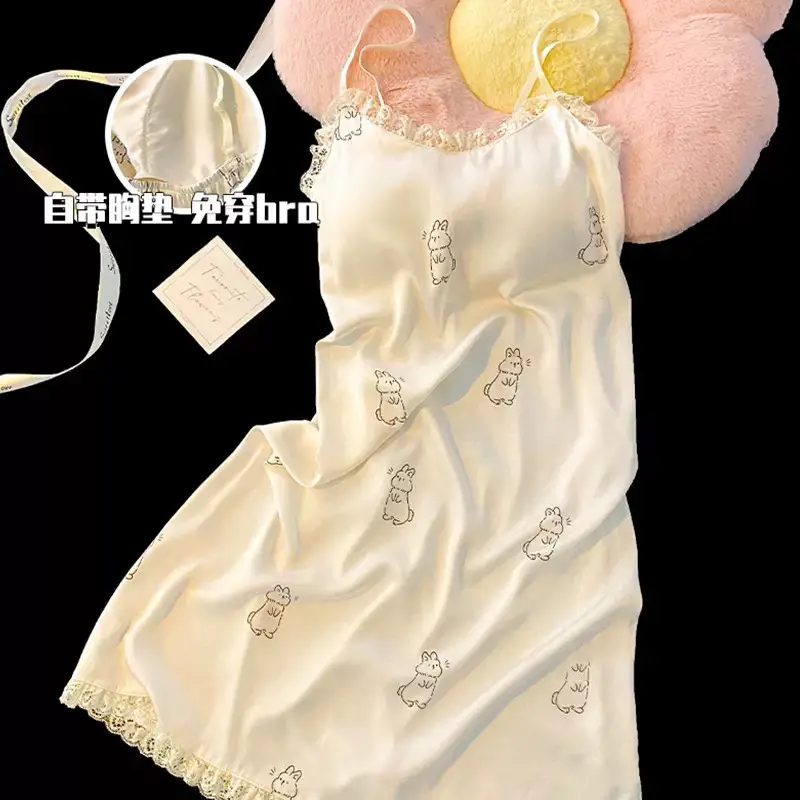 Women's Sexy Pure Desire Nightgown with Chest Pad Suspender Nightgown Instagram Style Cold Silk Nightgown Summer 2025 New Style