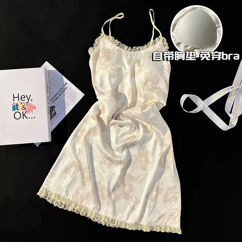 Women's Sexy Pure Desire Nightgown with Chest Pad Suspender Nightgown Instagram Style Cold Silk Nightgown Summer 2025 New Style