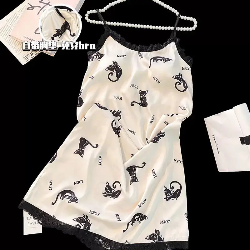 Women's Sexy Pure Desire Nightgown with Chest Pad Suspender Nightgown Instagram Style Cold Silk Nightgown Summer 2025 New Style