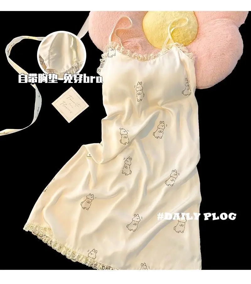 Women's Sexy Pure Desire Nightgown with Chest Pad Suspender Nightgown Instagram Style Cold Silk Nightgown Summer 2025 New Style — feature 4