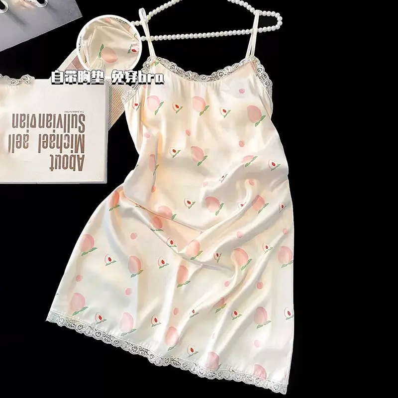 Women's Sexy Pure Desire Nightgown with Chest Pad Suspender Nightgown Instagram Style Cold Silk Nightgown Summer 2025 New Style