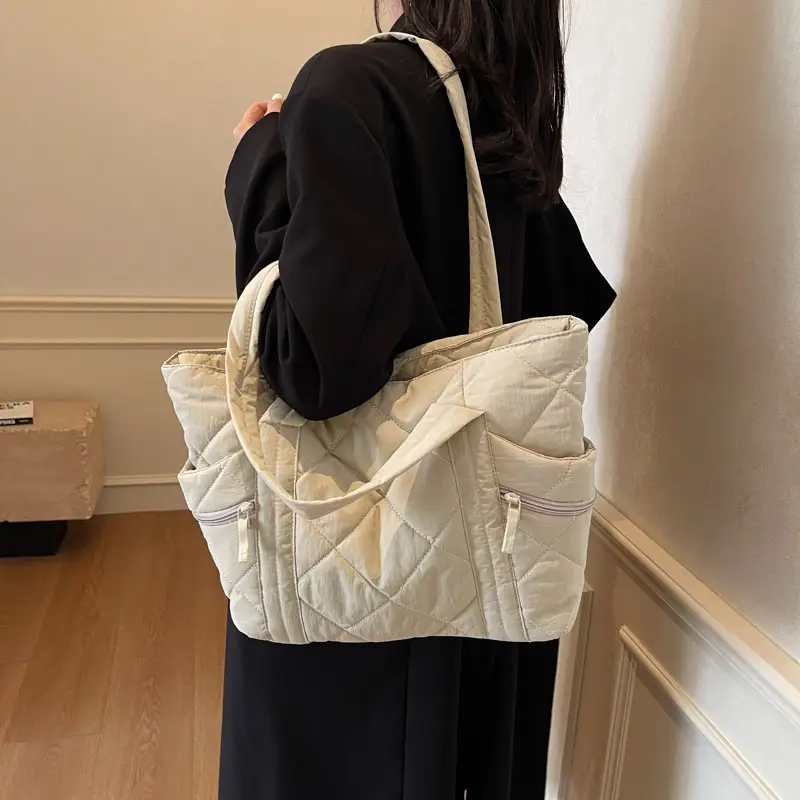 Beige Quilted Nylon Shoulder Bag Large Capacity - Image 8