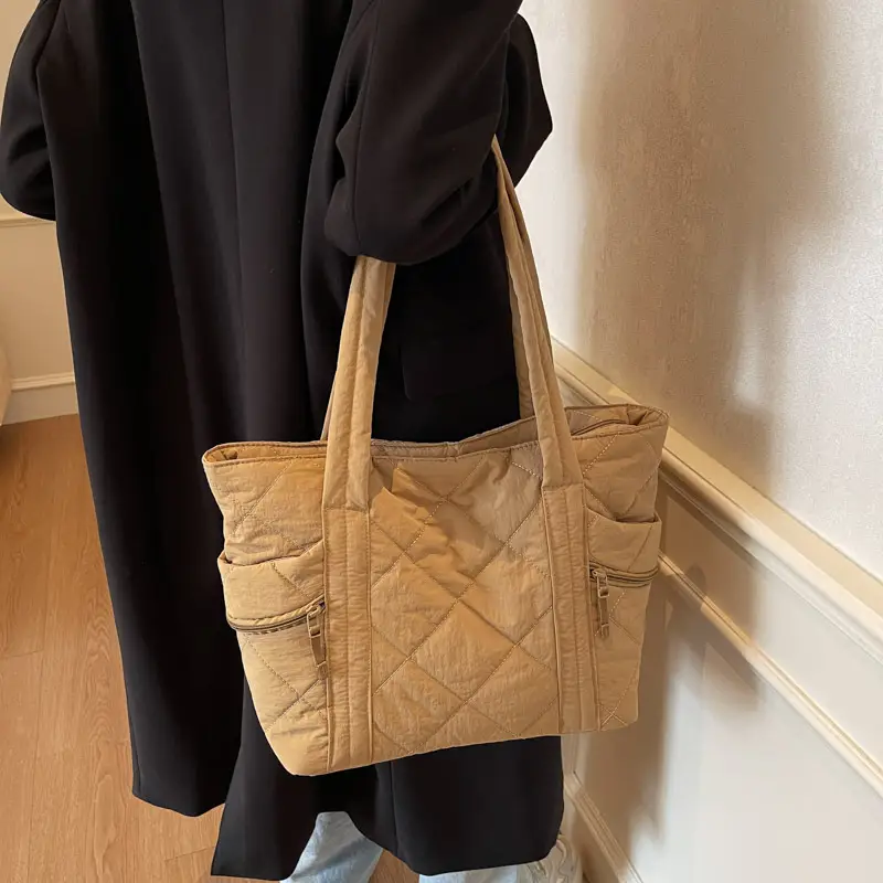 Beige Quilted Nylon Shoulder Bag Large Capacity - Image 9