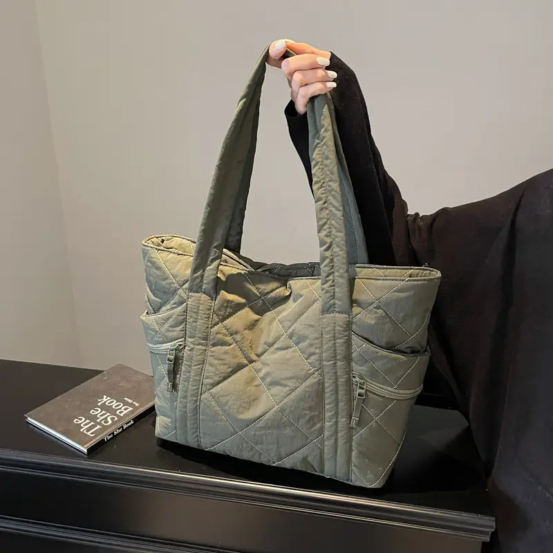 Beige Quilted Nylon Shoulder Bag Large Capacity - Image 10