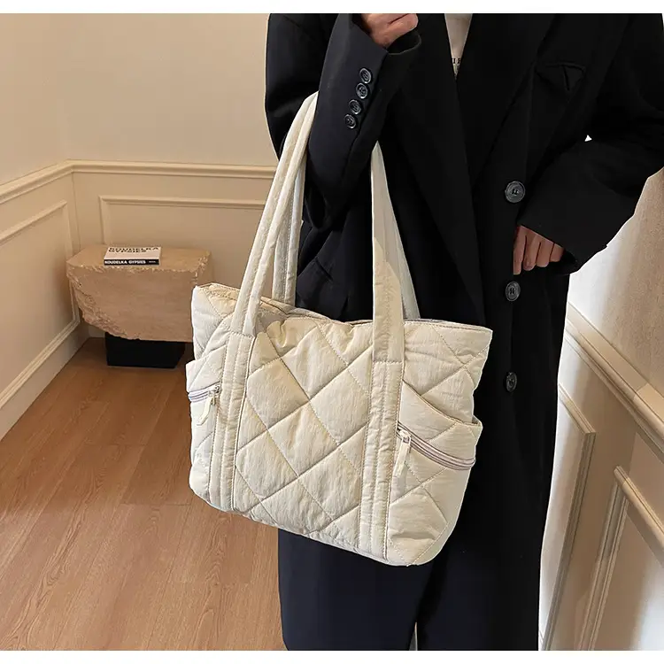 Beige Quilted Nylon Shoulder Bag Large Capacity — feature 11