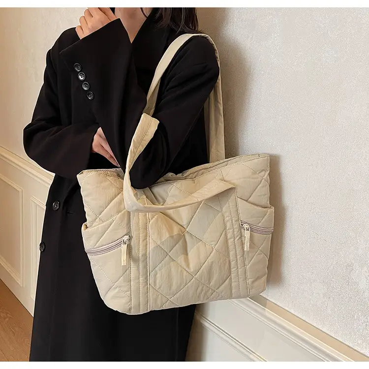 Beige Quilted Nylon Shoulder Bag Large Capacity — feature 12
