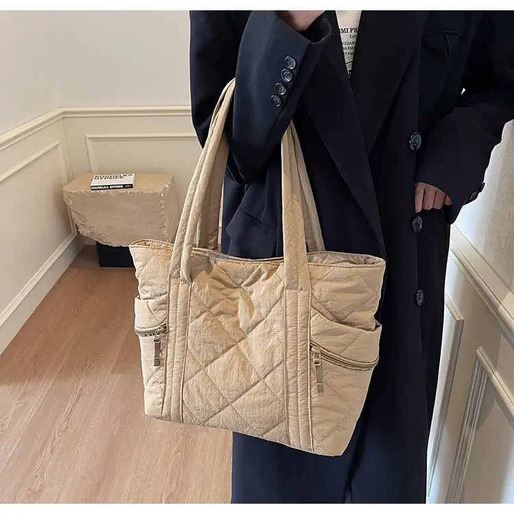 Beige Quilted Nylon Shoulder Bag Large Capacity — feature 14